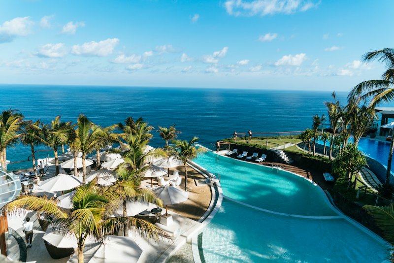 A resort pool overlooking the sea